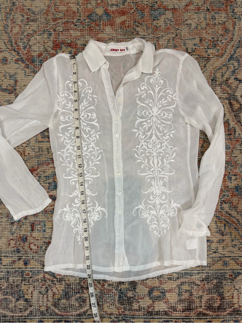 Johnny Was White Embroidered Button Front Boho Blouse Dainty XS Romantic Top - Picture 8 of 11